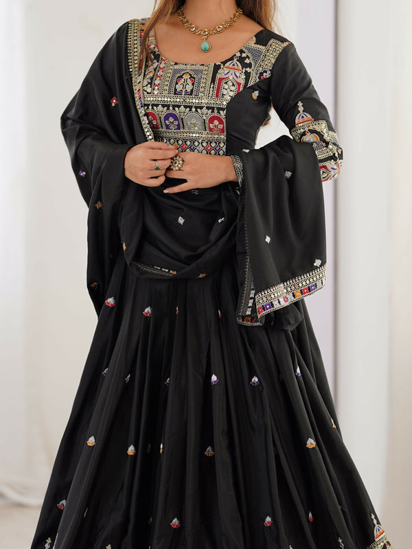 Joban Fashion Black Lehenga Crepe silk Coding Dori with Sequence with Rivet Moti