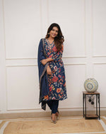Thumbnail for The52 Blue Women's Gorgeous Printed Pure Russian Silk Fabric Straight Kurta Pant with Dupatta Set - Distacart