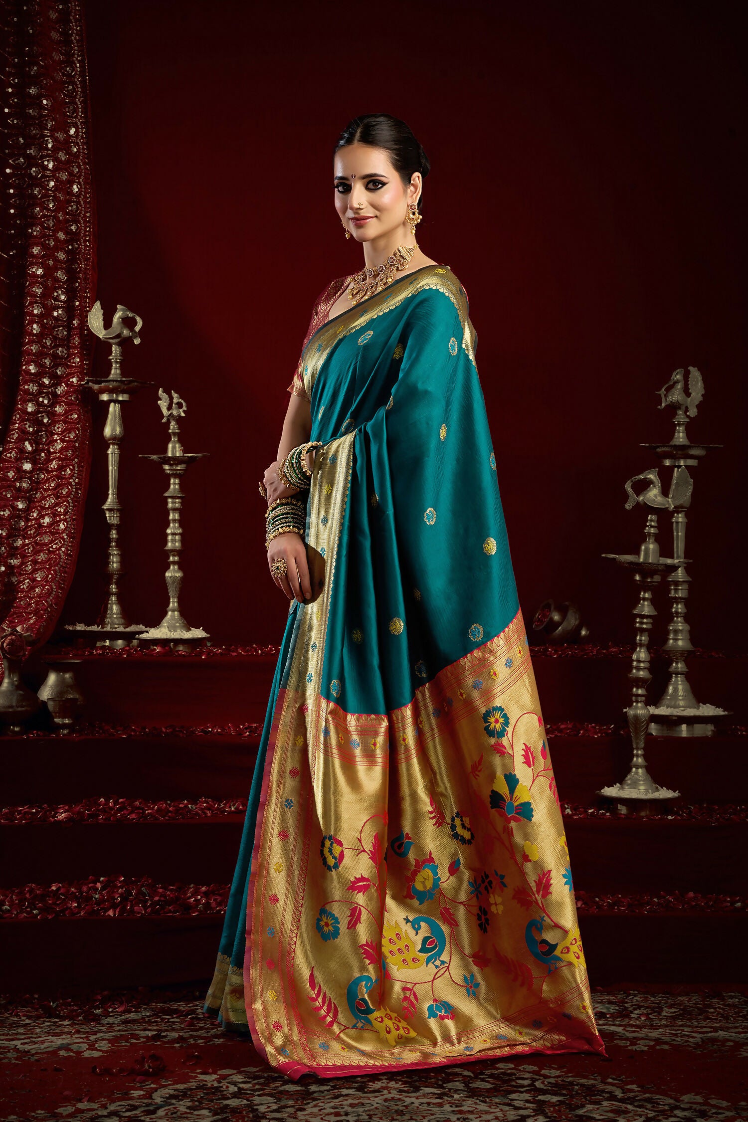 Joban Fashion Teal Paithani Silk Blend Butti Saree