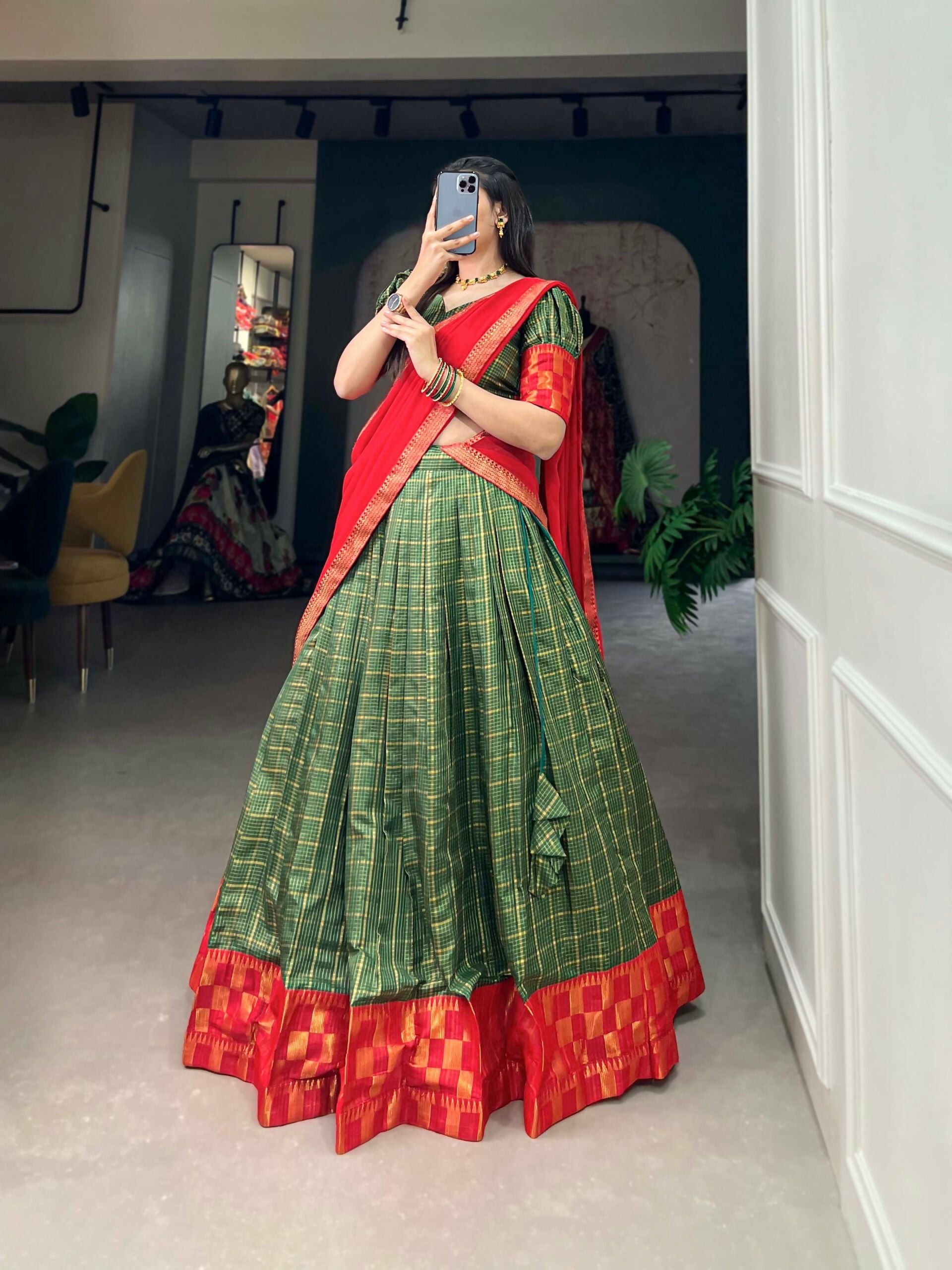 Vastranavya South Indian Style Lehenga Choli - Green - Distacart