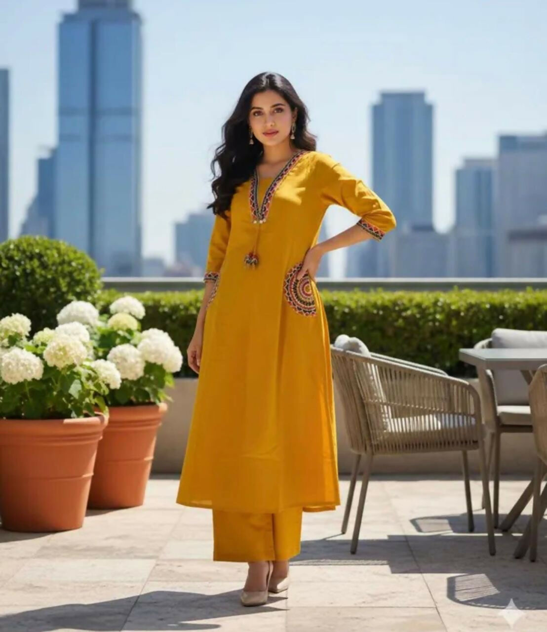 Miravan Womens Yellow Kurta And Palazzo Set - Dista