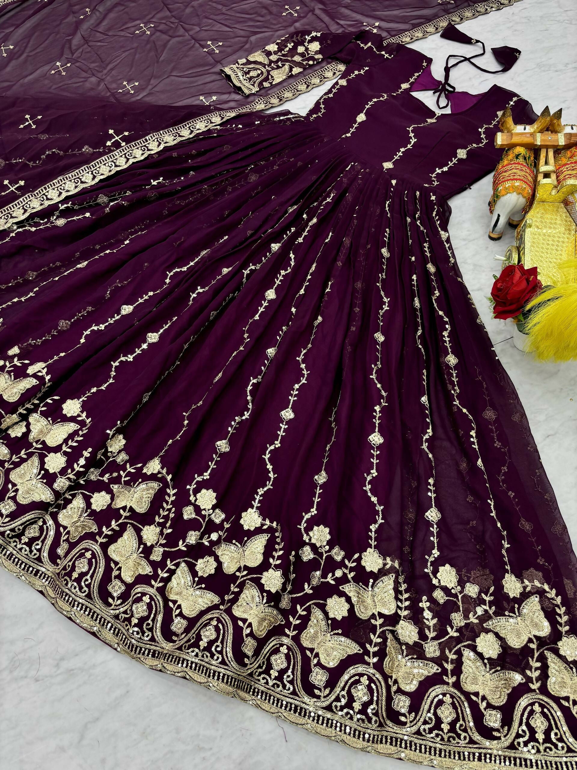 Teeya Creation Womens New Trendy Heavy Cording Sequence & Beads Embroidery Work Purple Gown Set - Dista