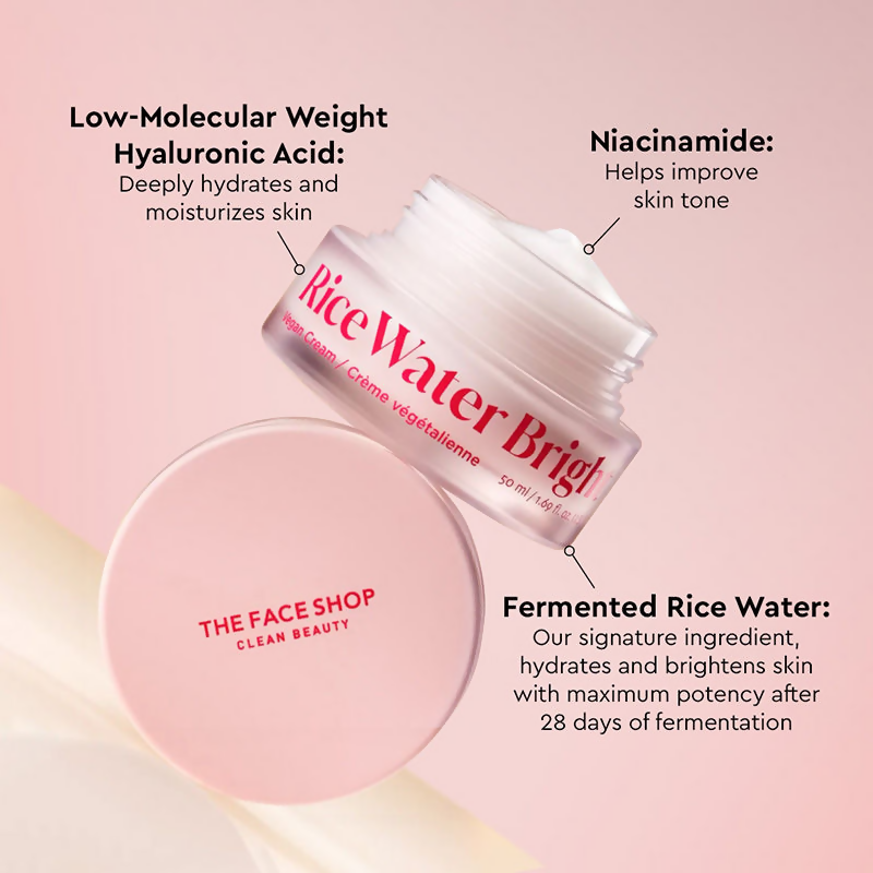 The Face Shop Rice Water Cream with Niacinamide & HA, Brightens Skin