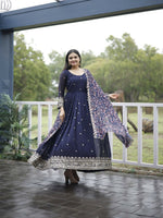 Thumbnail for Jyoti Fashion Women's Navy Blue Faux Blooming Sequins with Zari Embroidery Anarkali Dress with Dupatta - Distacart