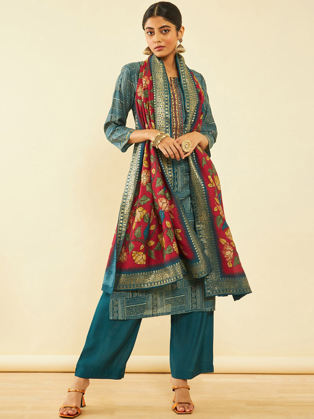 Soch Geometric Printed Regular Sequinned Kurta With Palazzos & Dupatta - Distacart