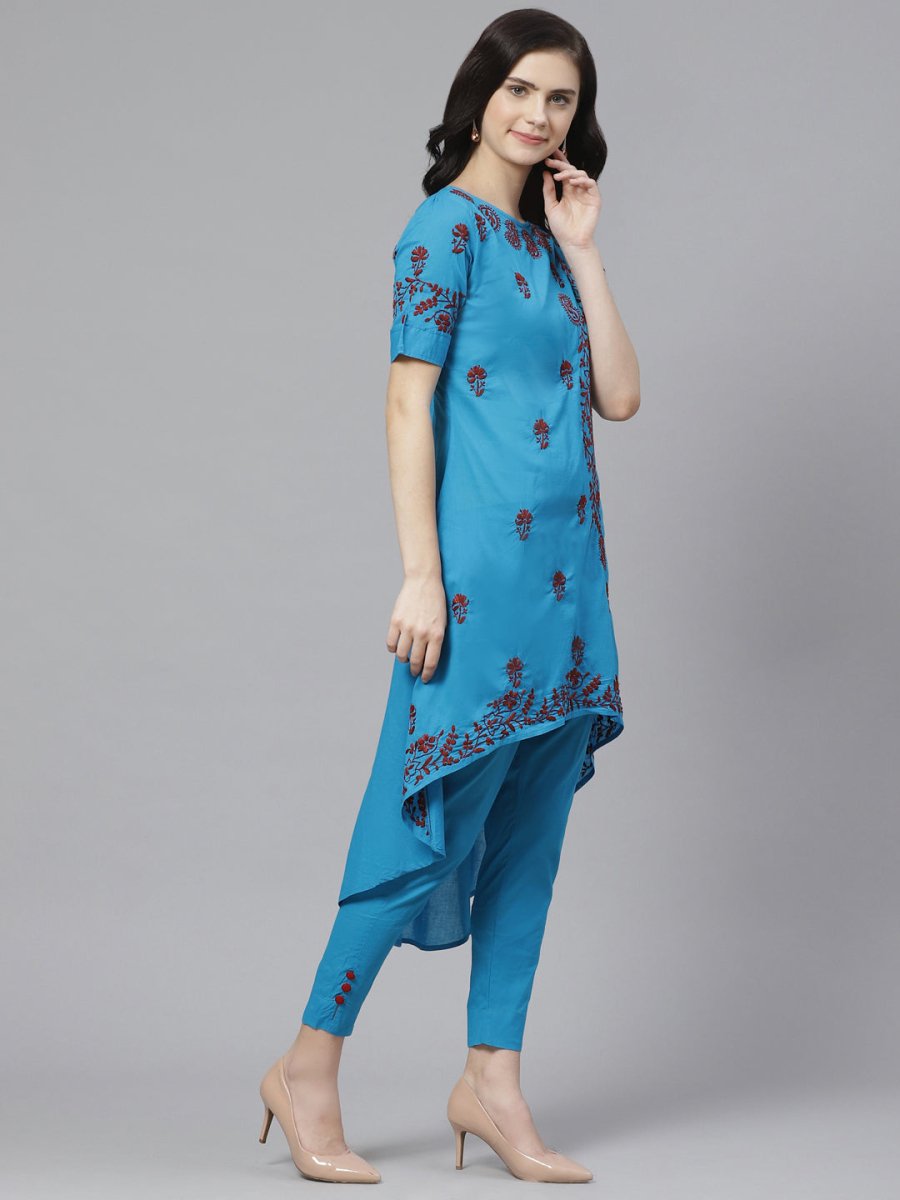 ADA Women Blue & Maroon Chikankari Embroidered High Low Handloom Sustainable Kurta with Trousers - Distacart