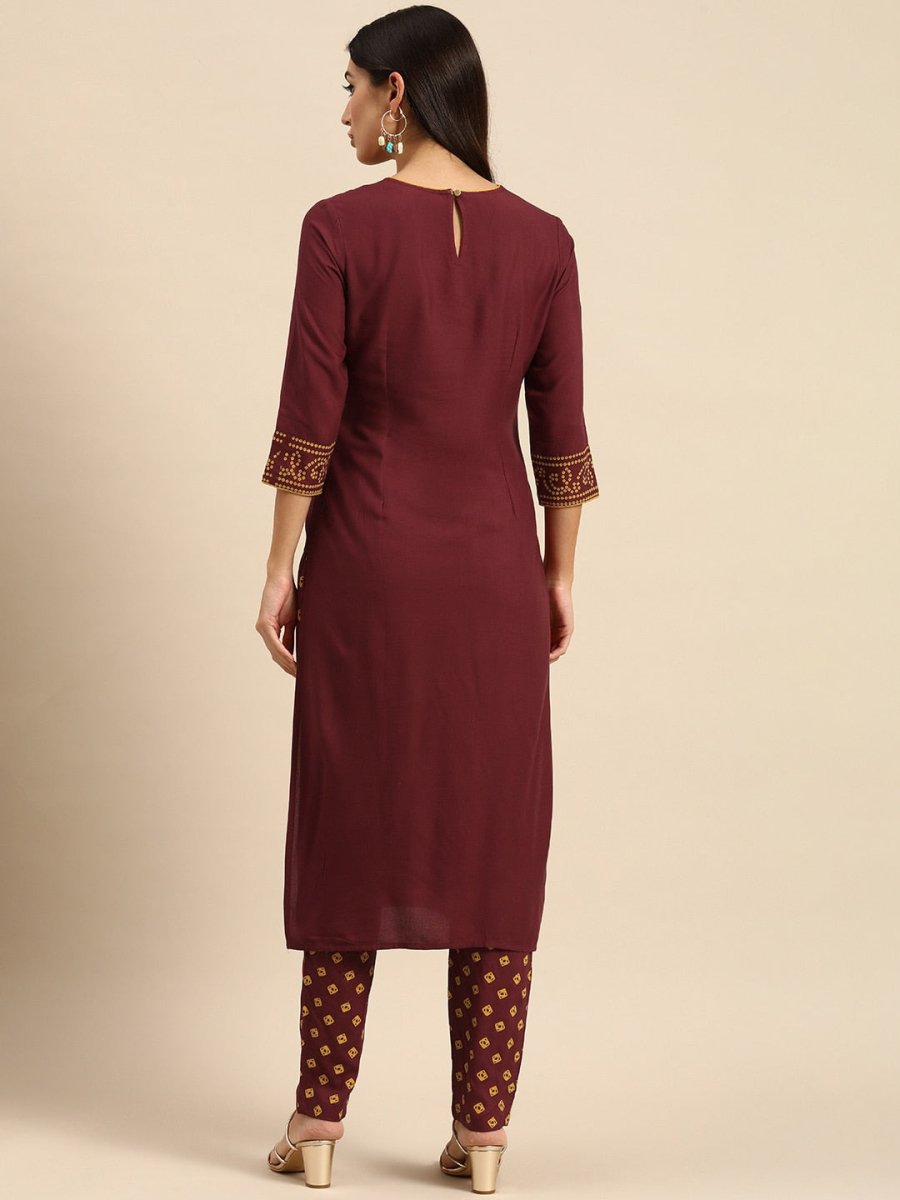 All About You Women Maroon Bandhani Printed Kurta with Trousers - Distacart