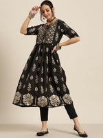 Thumbnail for Sangria Women Black & Golden Ethnic Motifs Printed Kurta