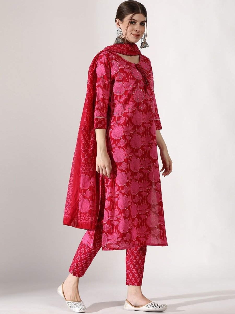 Anouk V-Neck Floral Printed Thread Work Pure Cotton Straight Kurta with Trousers & Dupatta