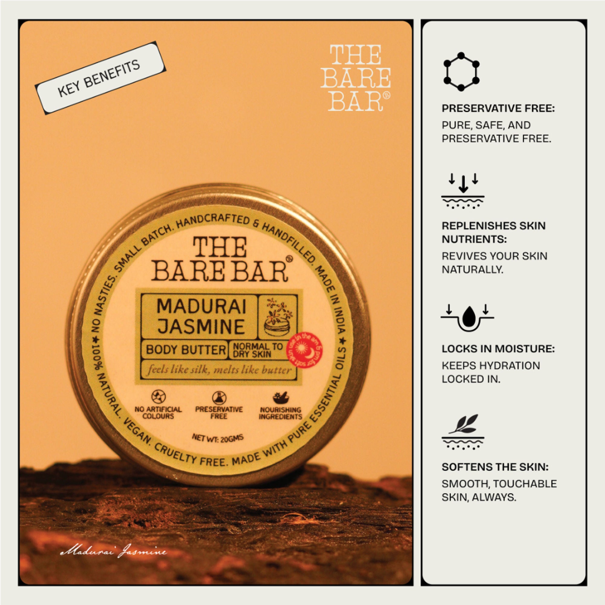 The Bare Bar Madurai Jasmine Body Butter - Floral Moisturizer For Smooth, Radiant Skin - Distacart