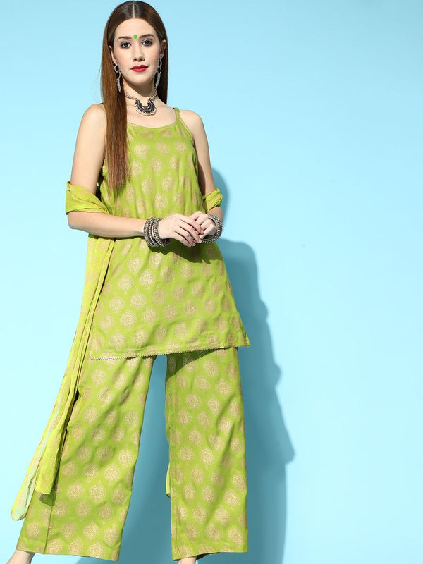 Ode by House of Pataudi Lime Green & Golden Ethnic Motif Print Kurta Set - Distacart