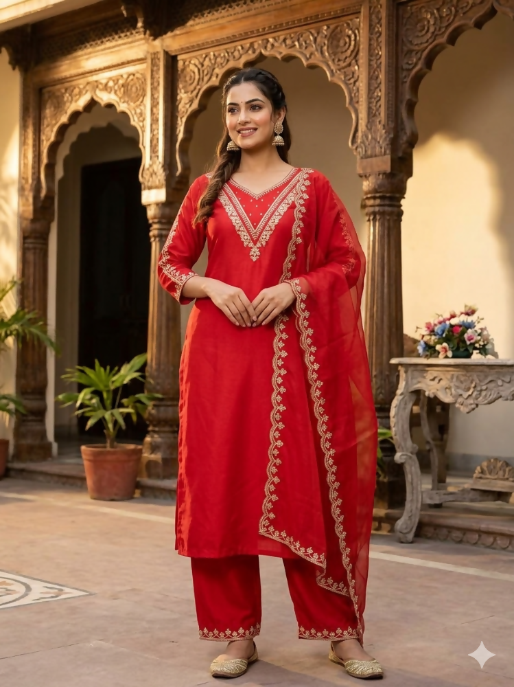 Teeya Creation New Womens Red Straight Cut Kurta Set with Scalloped Embroidered Organza Dupatta Set - Dista