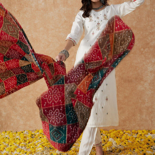 Sangria White Ethnic Motifs Embroidered Thread Work Straight Kurta & Trouser With Dupatta - Distacart