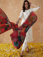 Thumbnail for Sangria White Ethnic Motifs Embroidered Thread Work Straight Kurta & Trouser With Dupatta
