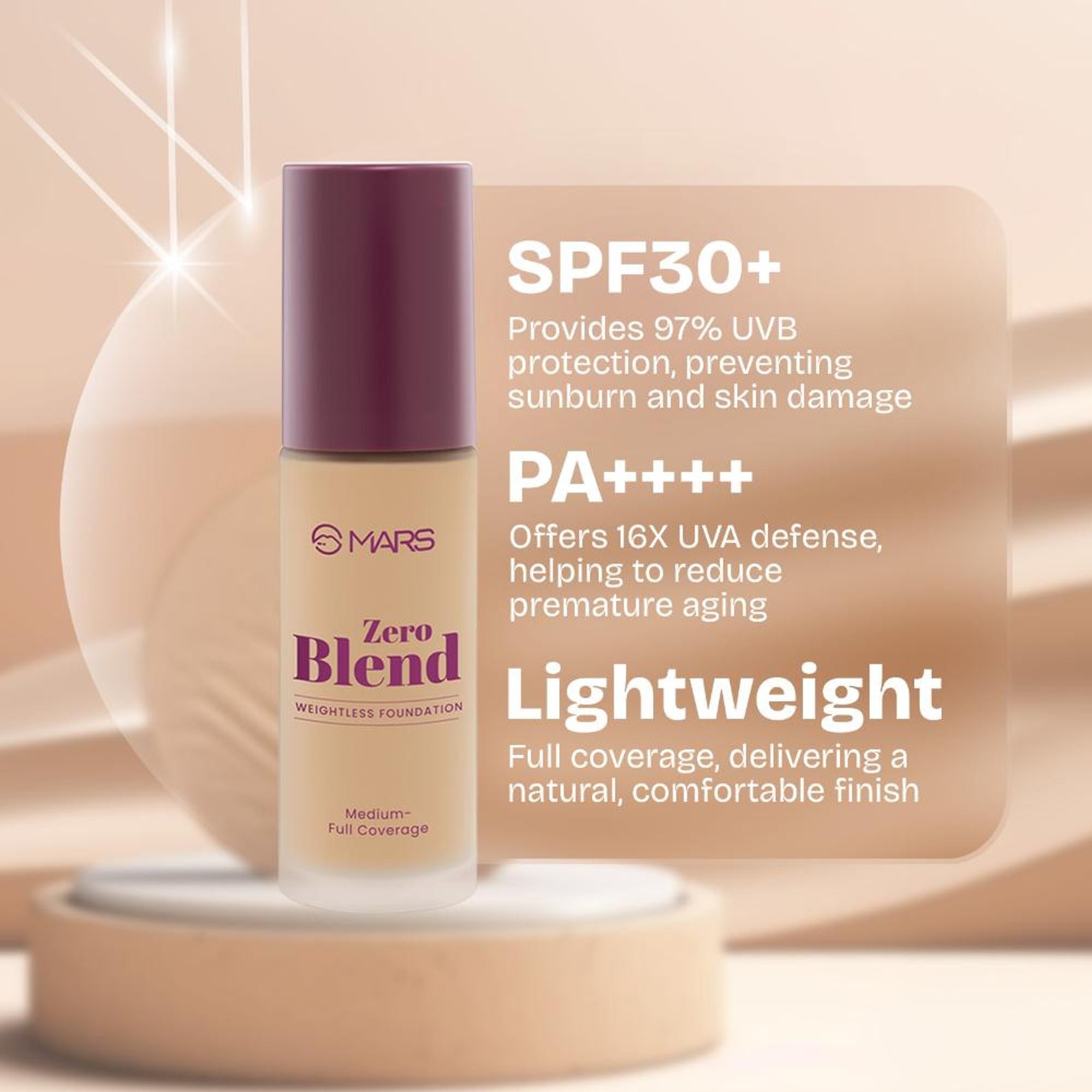 MARS Cosmetics SPF30 PA+++ Zero Blend Weightless Foundation - 07 Caramel Glow - Distacart