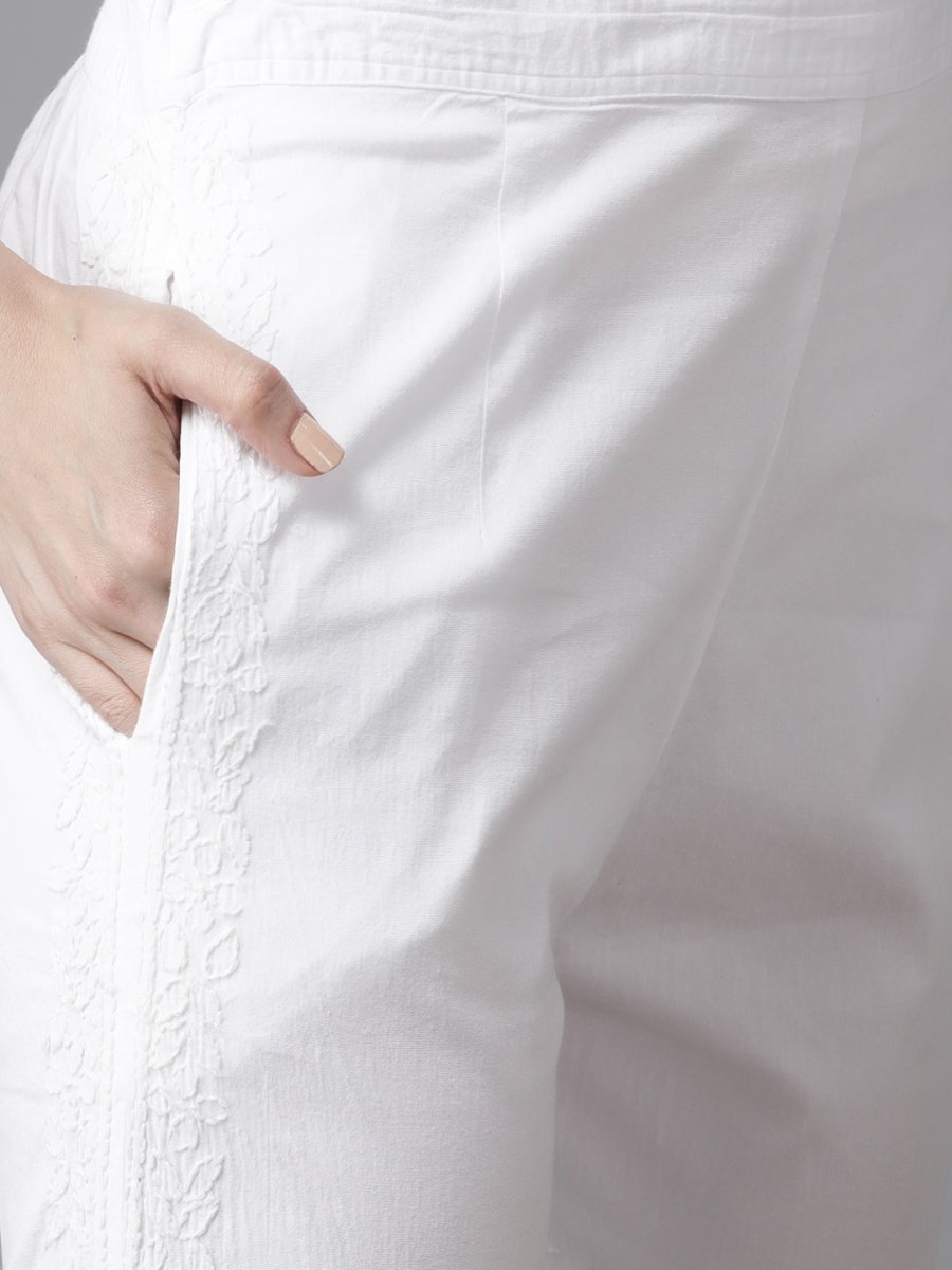 ADA Women Yellow & White Cotton Sustainable Hand Embroidered Chikankari Kurta & Trousers - Distacart
