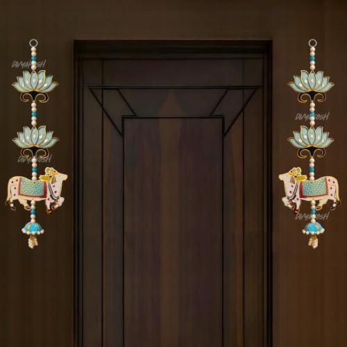 Divyakosh Wood Mandir Door Decorations Items, Door Entrance Decor, Pooja Decoration Items, Sky-Blue Lotus with Cow Hanging for Home Decoration, Entry Door Decoration| 2 Pieces | 18 Inches |