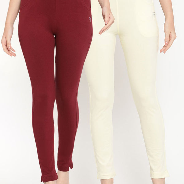 TAG 7 Pack of 2 Cream-Coloured & Maroon Ankle-Length Leggings - Distacart