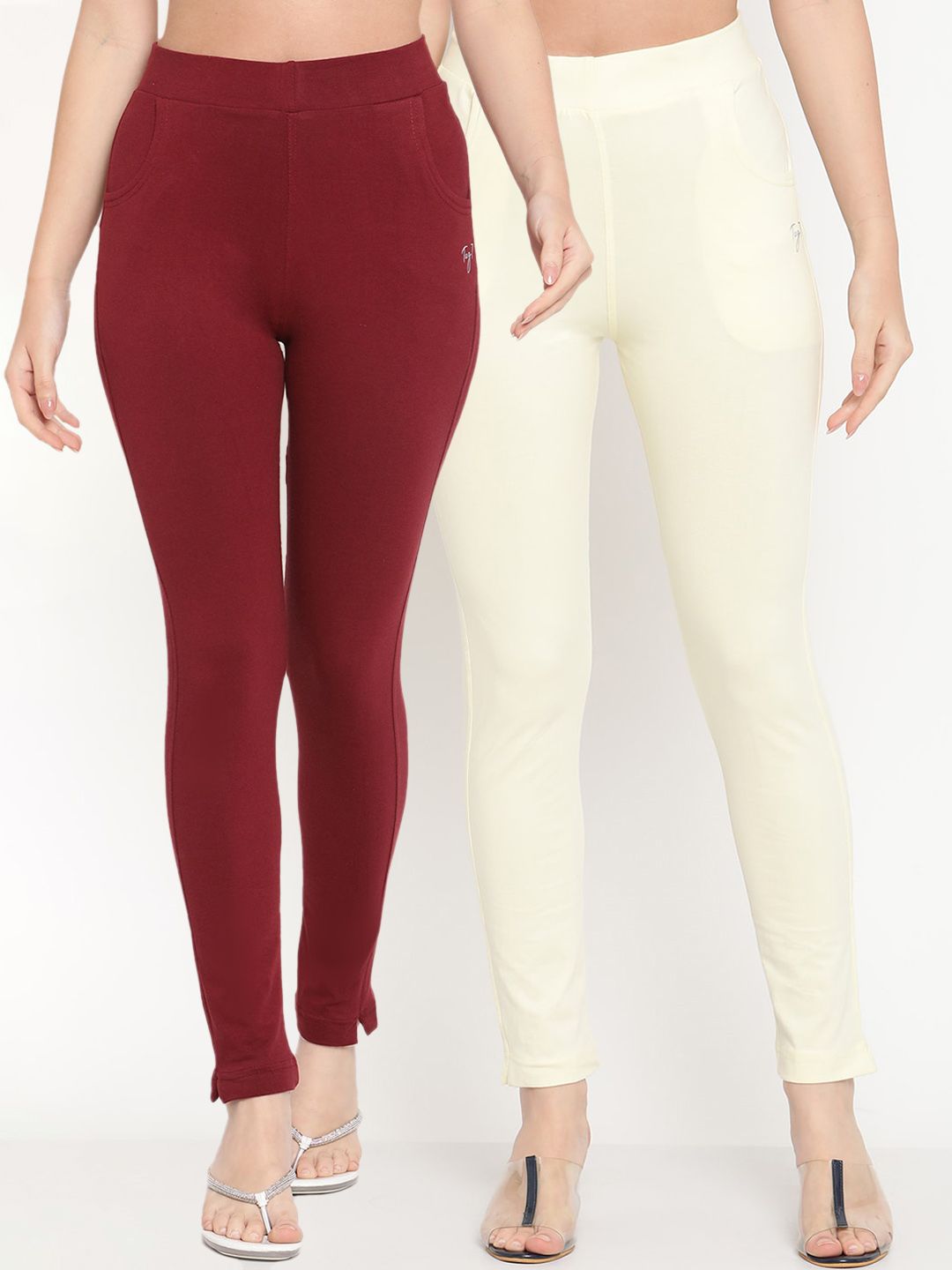 TAG 7 Pack of 2 Cream-Coloured & Maroon Ankle-Length Leggings - Distacart