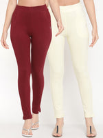 Thumbnail for TAG 7 Pack of 2 Cream-Coloured & Maroon Ankle-Length Leggings