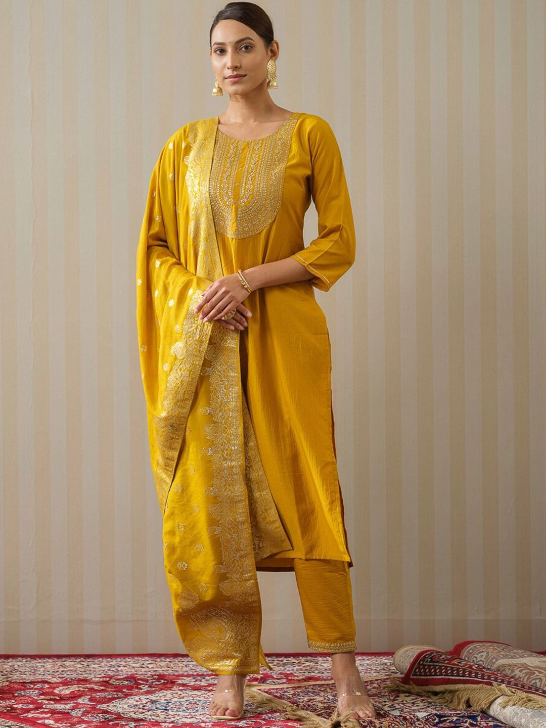 Ode by House of Pataudi Yellow Ethnic Motifs Straight Kurta & Trousers With Dupatta - Distacart