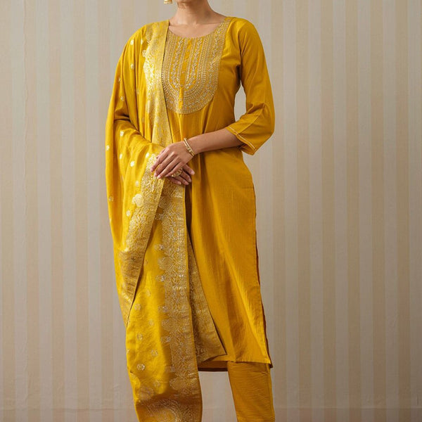 Ode by House of Pataudi Yellow Ethnic Motifs Straight Kurta & Trousers With Dupatta - Distacart