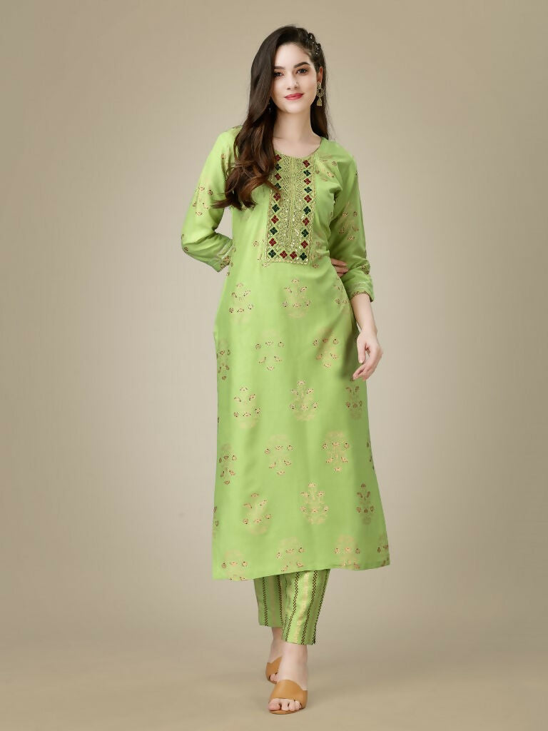 Jyoti Fashion Women's Light Green Rayon Embroidered Kurta Pant Set - Distacart
