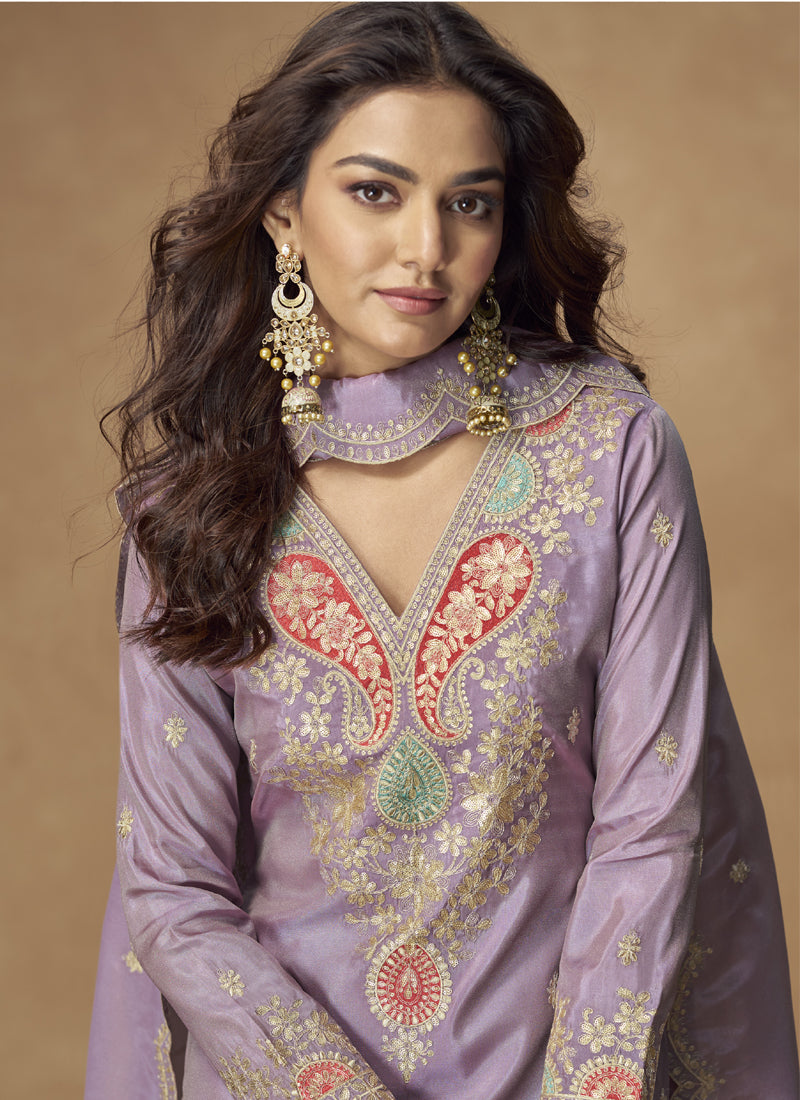 Vegaa Fashion Lavender Simar Silk Embroidered Designer Palazzo Suit