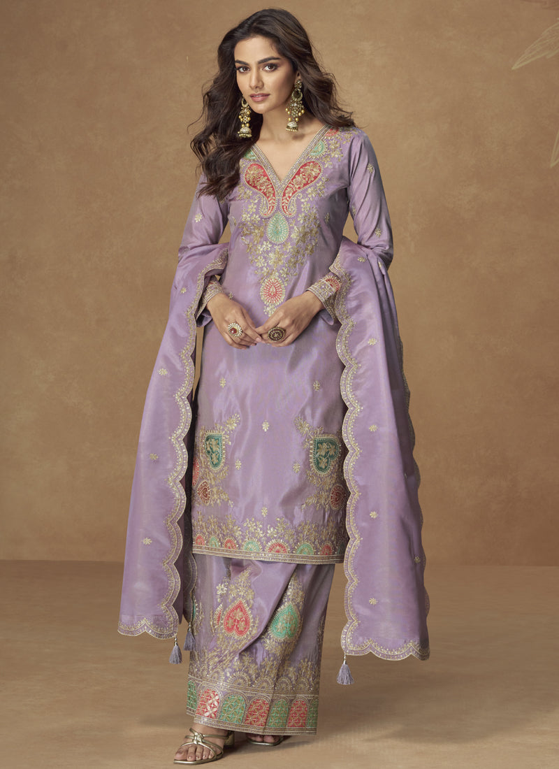 Vegaa Fashion Lavender Simar Silk Embroidered Designer Palazzo Suit