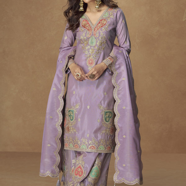 Vegaa Fashion Lavender Simar Silk Embroidered Designer Palazzo Suit - Distacart