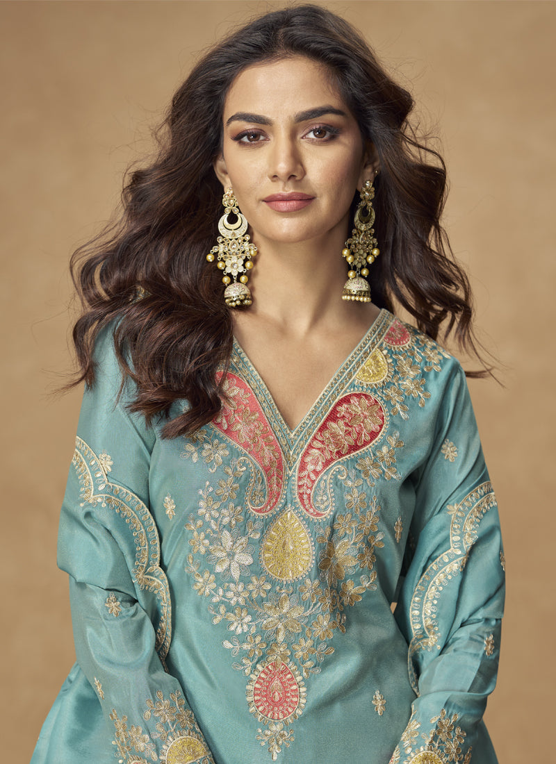 Vegaa Fashion Sky Blue Simar Silk Embroidered Designer Palazzo Suit