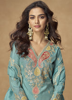 Thumbnail for Vegaa Fashion Sky Blue Simar Silk Embroidered Designer Palazzo Suit