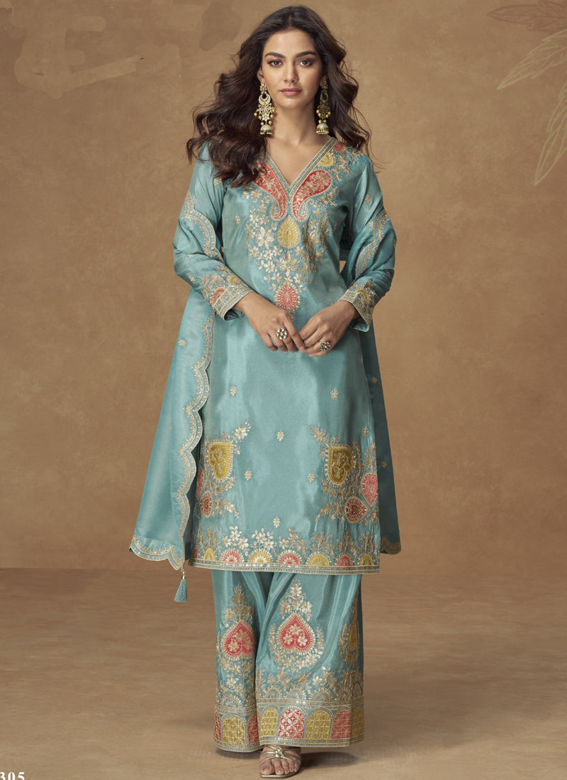 Vegaa Fashion Sky Blue Simar Silk Embroidered Designer Palazzo Suit