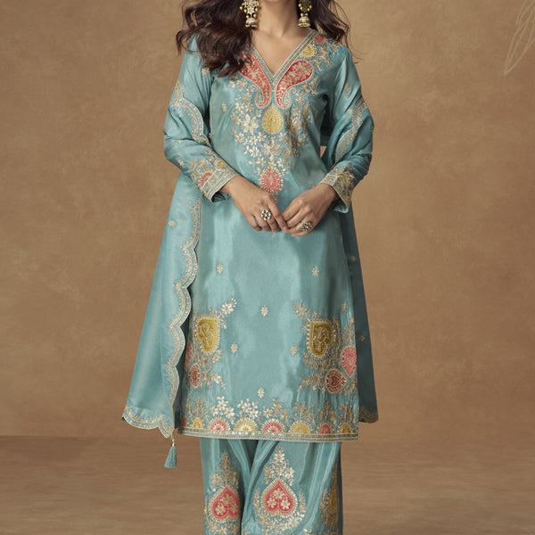 Vegaa Fashion Sky Blue Simar Silk Embroidered Designer Palazzo Suit - Distacart