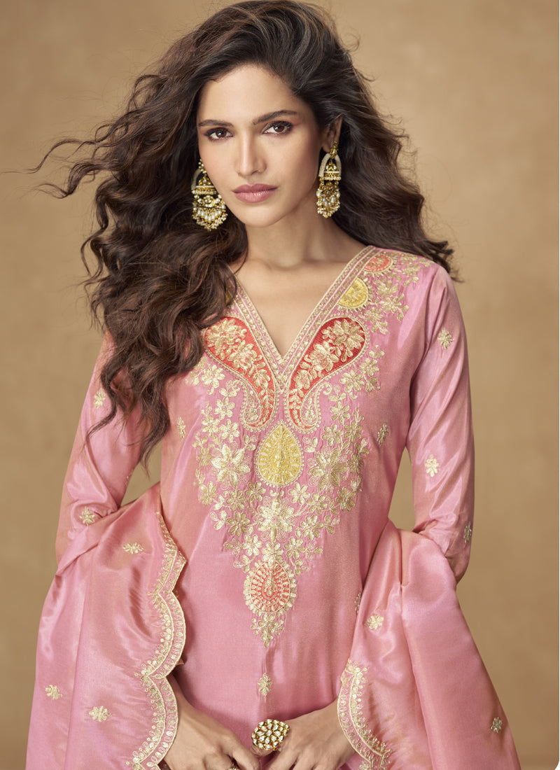 Vegaa Fashion Light Pink Simar Silk Embroidered Designer Palazzo Suit