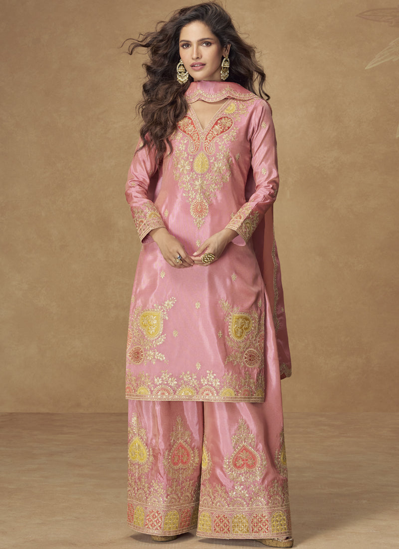 Vegaa Fashion Light Pink Simar Silk Embroidered Designer Palazzo Suit