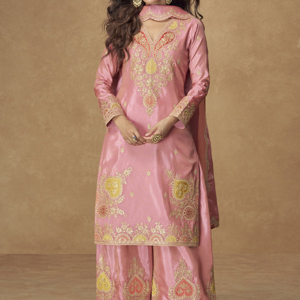Vegaa Fashion Light Pink Simar Silk Embroidered Designer Palazzo Suit - Distacart
