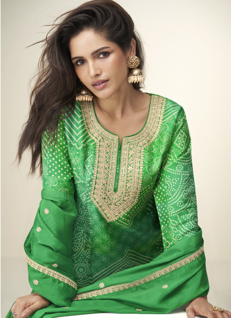 Vegaa Fashion Green Chinon Silk Embroidered Designer Sharara Suit