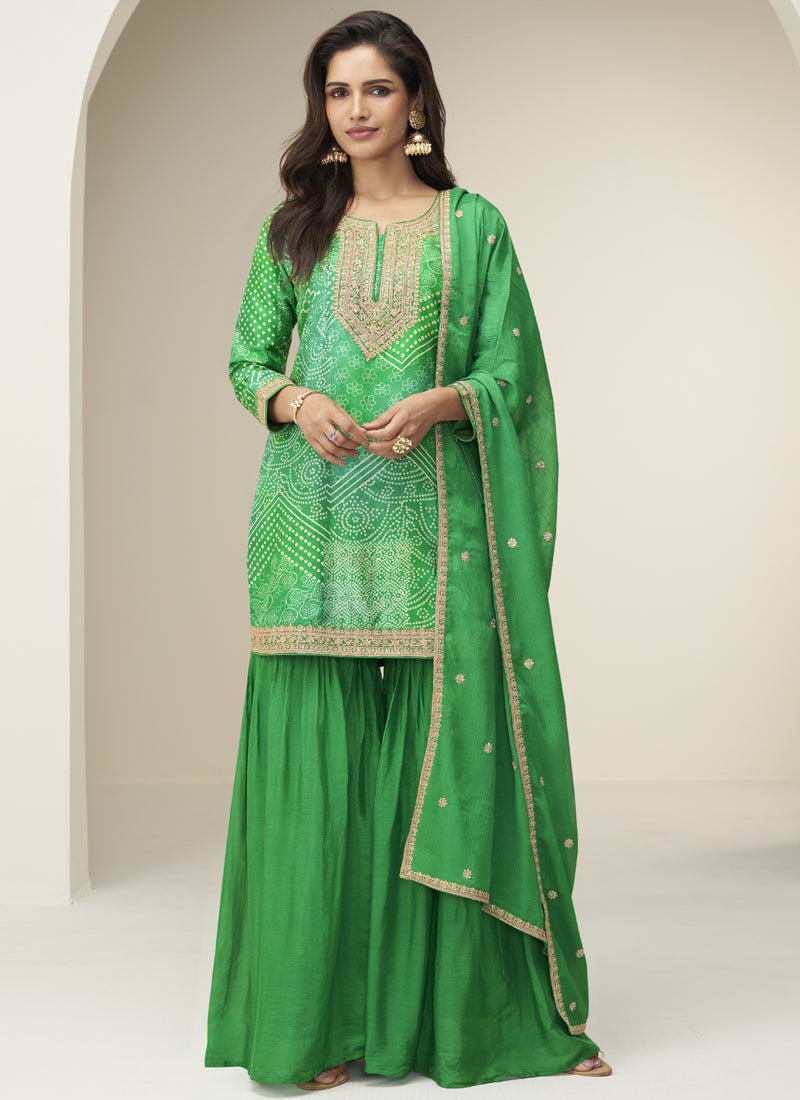 Vegaa Fashion Green Chinon Silk Embroidered Designer Sharara Suit