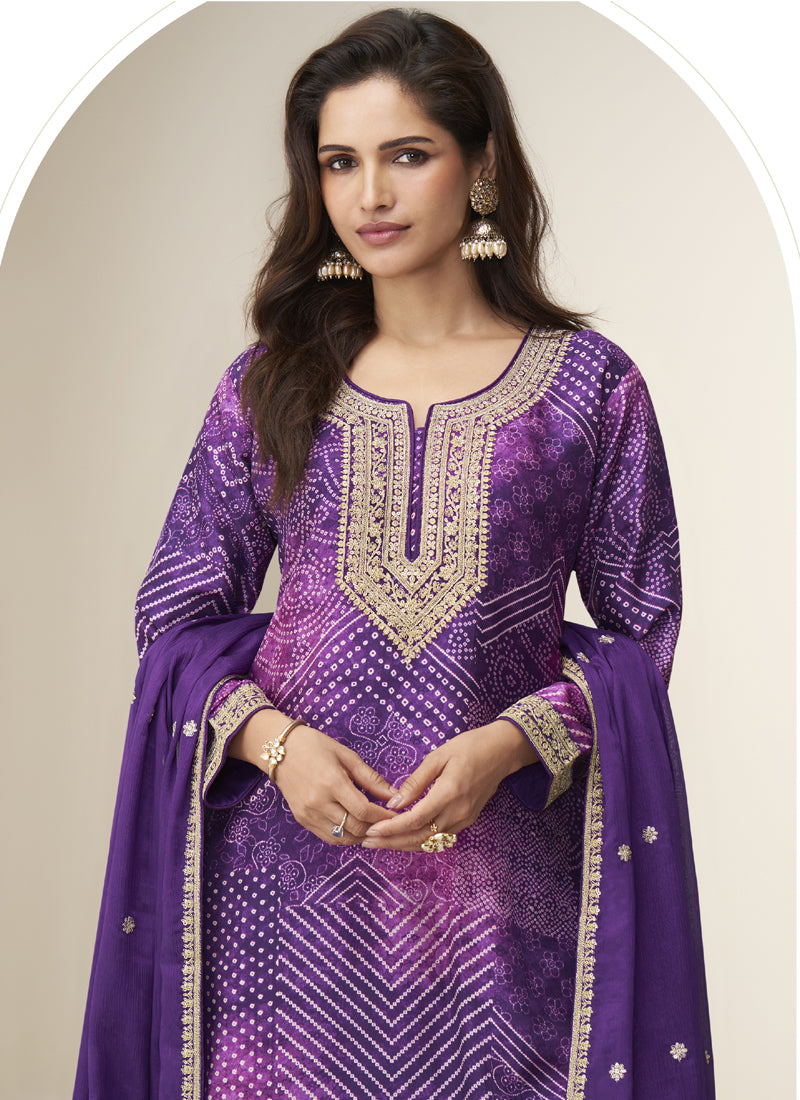 Vegaa Fashion Violet Chinon Silk Embroidered Designer Sharara Suit