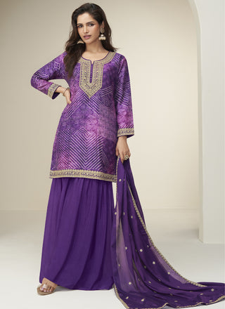 Vegaa Fashion Violet Chinon Silk Embroidered Designer Sharara Suit
