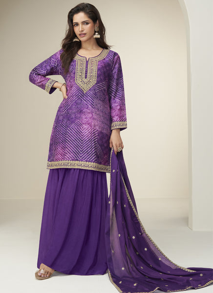 Vegaa Fashion Violet Chinon Silk Embroidered Designer Sharara Suit