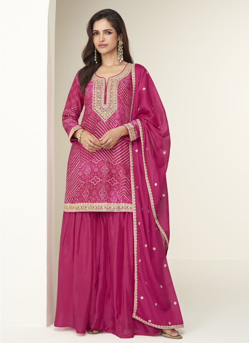 Vegaa Fashion Pink Chinon Silk Embroidered Designer Sharara Suit