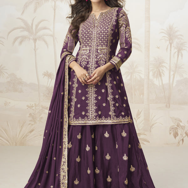 Vegaa Fashion Wine Chinon Silk Embroidered Sharara Suit