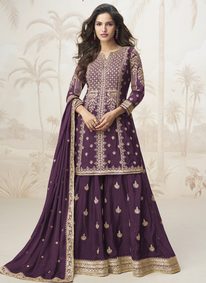 Vegaa Fashion Wine Chinon Silk Embroidered Sharara Suit - Distacart