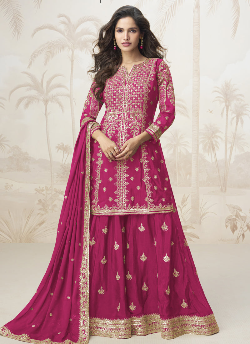 Vegaa Fashion Pink Chinon Silk Embroidered Sharara Suit