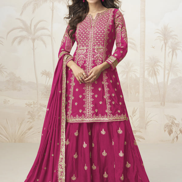 Vegaa Fashion Pink Chinon Silk Embroidered Sharara Suit