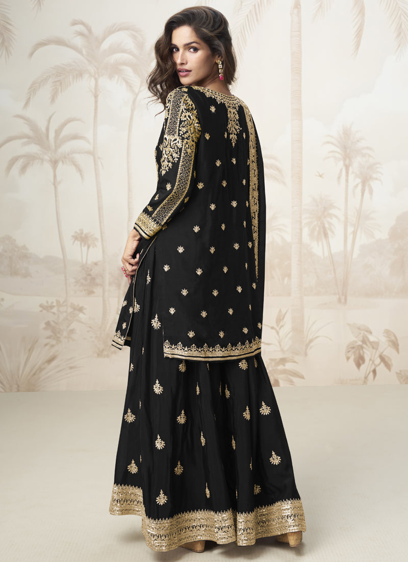 Vegaa Fashion Black Chinon Silk Embroidered Sharara Suit