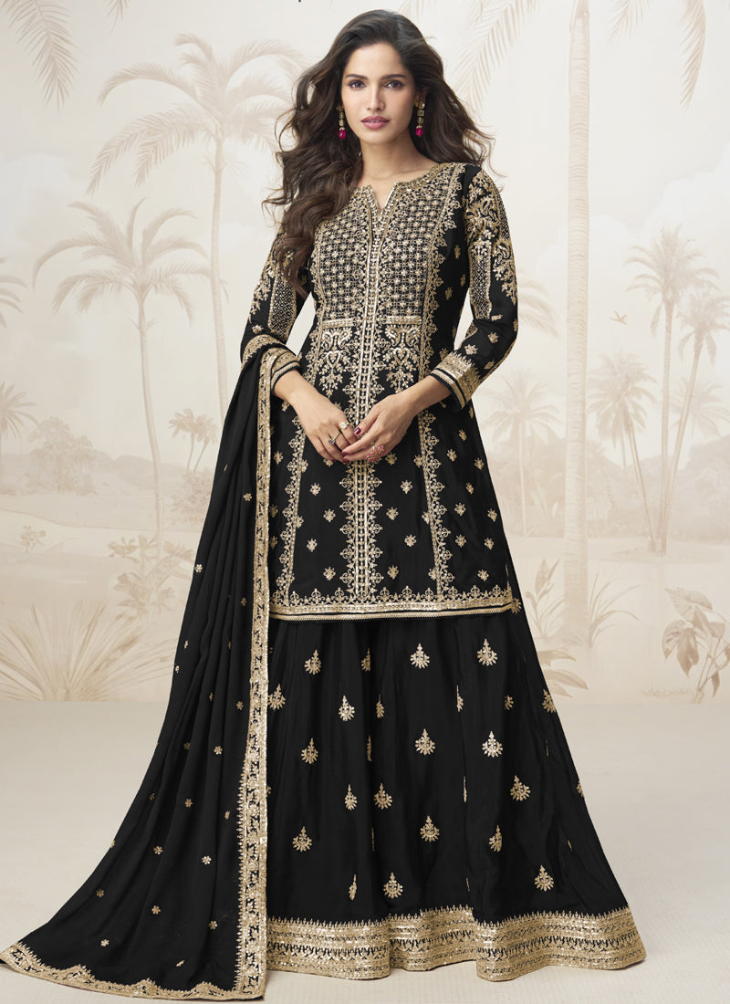 Vegaa Fashion Black Chinon Silk Embroidered Sharara Suit
