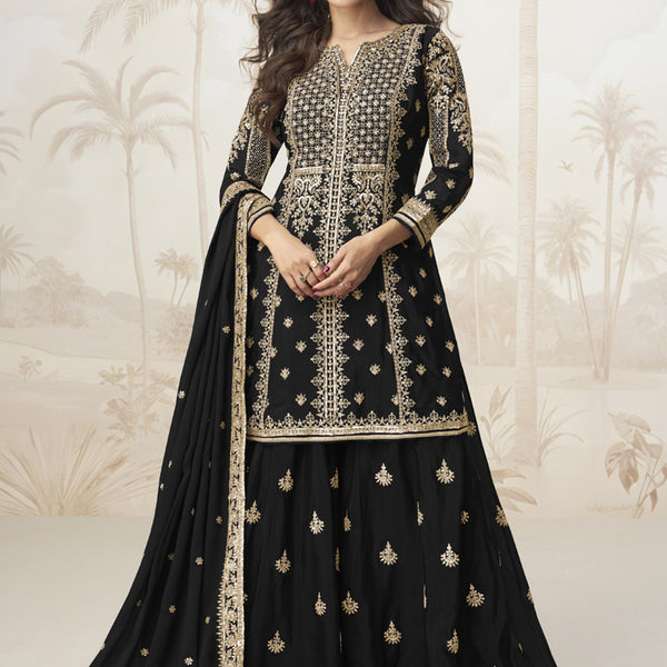Vegaa Fashion Black Chinon Silk Embroidered Sharara Suit
